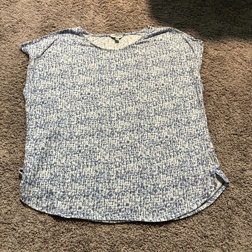 Orvis Women's Blue White Printed Linen Blend Short Sleeve Top XL
